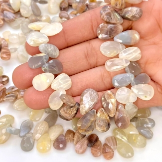 Multi Moonstone 9-15mm Briolette Pear Shape A Grade Gemstone Beads Lot - Total 9 Strands of 8 Inch.