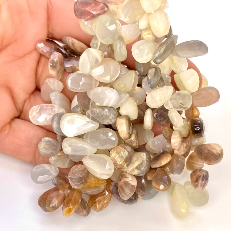 Multi Moonstone 10-13mm Briolette Pear Shape A Grade Gemstone Beads Lot - Total 5 Strands of 7 Inch.