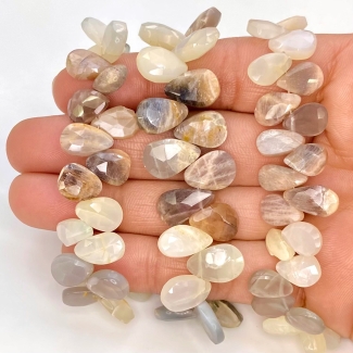 Multi Moonstone 10-13mm Briolette Pear Shape A Grade Gemstone Beads Lot - Total 5 Strands of 7 Inch.