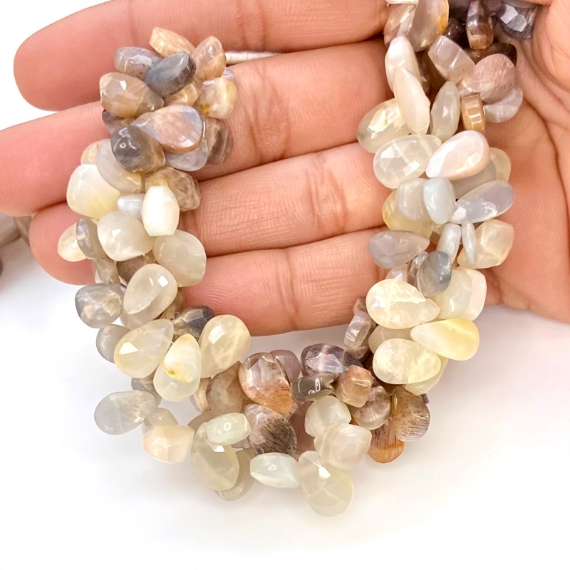 Multi Moonstone 9-13mm Briolette Pear Shape A Grade Gemstone Beads Lot - Total 6 Strands of 7 Inch.