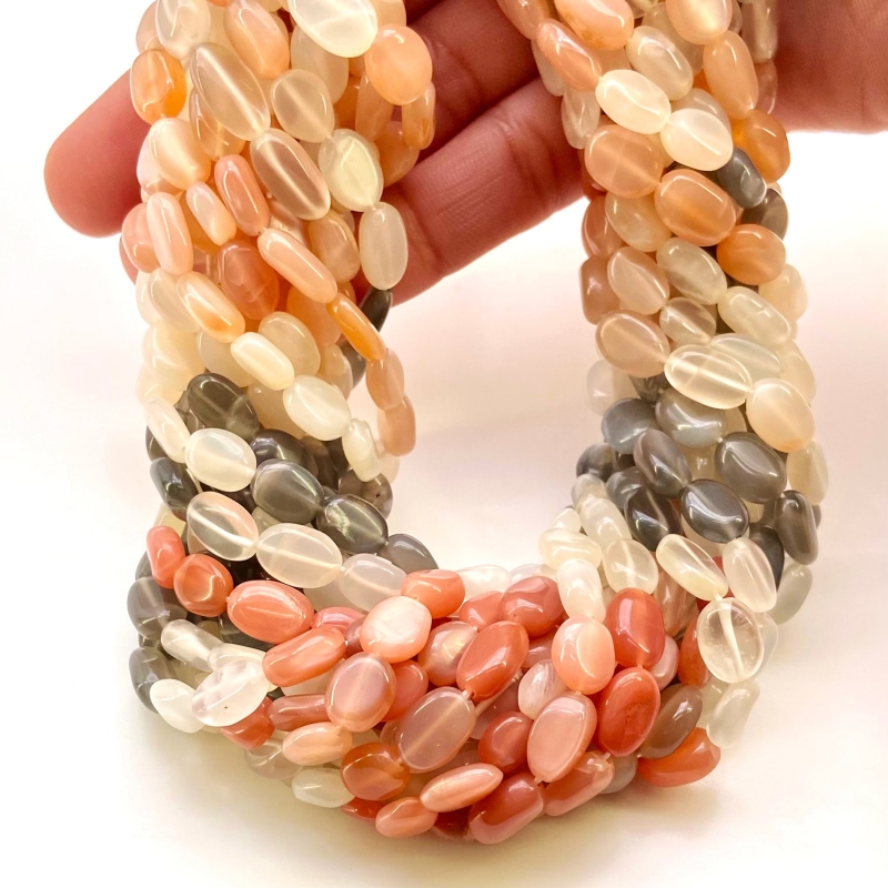 Multi Moonstone 7.5-11.5mm Smooth Oval Shape A Grade Gemstone Beads Strand - Total 1 Strand of 15 Inch.