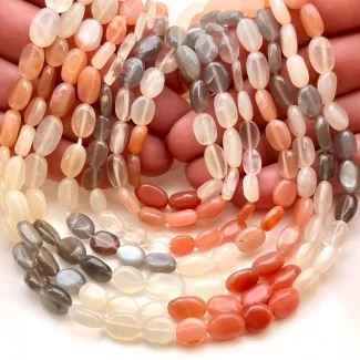 Multi Moonstone 7.5-11.5mm Smooth Oval Shape A Grade Gemstone Beads Strand - Total 1 Strand of 15 Inch.