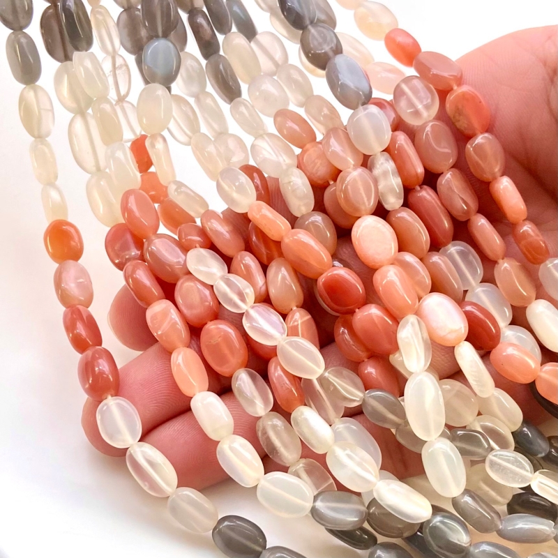 Multi Moonstone 7.5-11.5mm Smooth Oval Shape A Grade Gemstone Beads Strand - Total 1 Strand of 15 Inch.