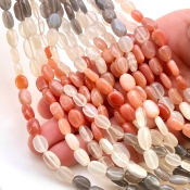 Multi Moonstone 7.5-11.5mm Smooth Oval Shape A Grade Gemstone Beads Strand - Total 1 Strand of 15 Inch.