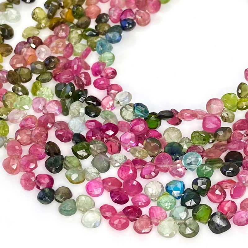 Multi Color Tourmaline 4-6mm Briolette Heart Shape AA Grade Gemstone Beads Strand - Total 1 Strand of 8 Inch.