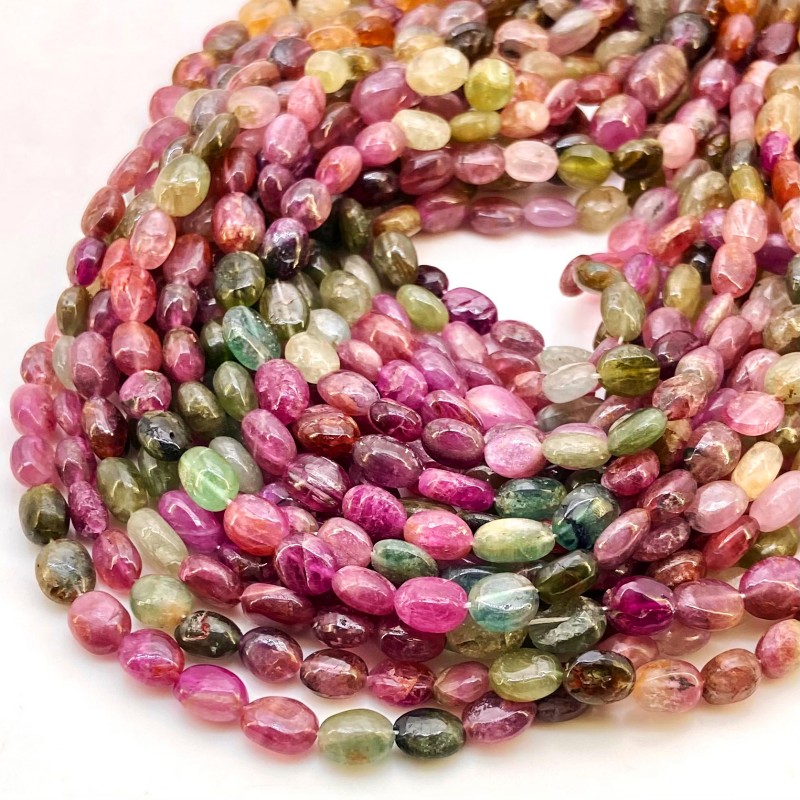 Multi Color Tourmaline 8-10mm Smooth Oval Shape B Grade Gemstone Beads Strand - Total 1 Strand of 14 Inch.