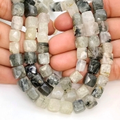 Green Rutile 7-8mm Faceted Cube Shape A Grade Gemstone Beads Lot - Total 7 Strands of 8 Inch.