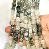 Green Rutile 7-8mm Faceted Cube Shape A Grade Gemstone Beads Lot - Total 7 Strands of 8 Inch.