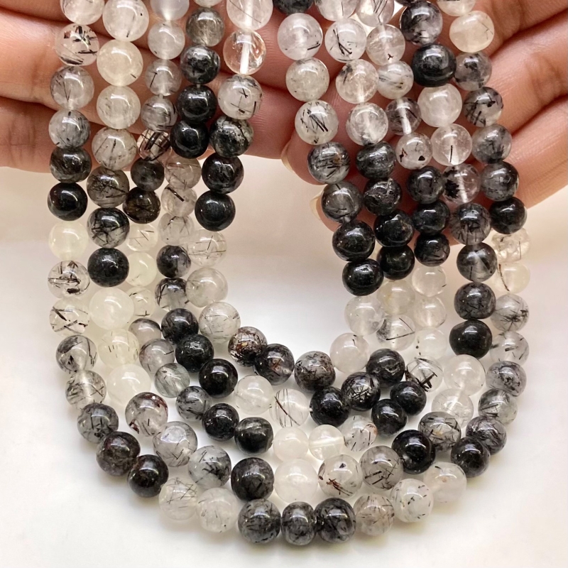 Black Rutile 6-7.5mm Smooth Round Shape A Grade Gemstone Beads Lot - Total 8 Strands of 13 Inch.