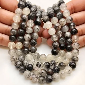 Black Rutile 7-8mm Smooth Round Shape A Grade Gemstone Beads Lot - Total 11 Strands of 12 Inch.
