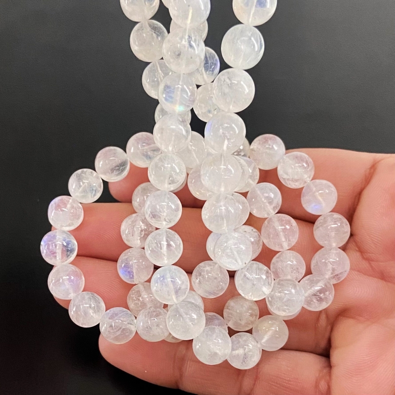 Rainbow Moonstone 7.5-11mm Smooth Round Shape AA Grade Gemstone Beads Lot - Total 3 Strands of 16 Inch.