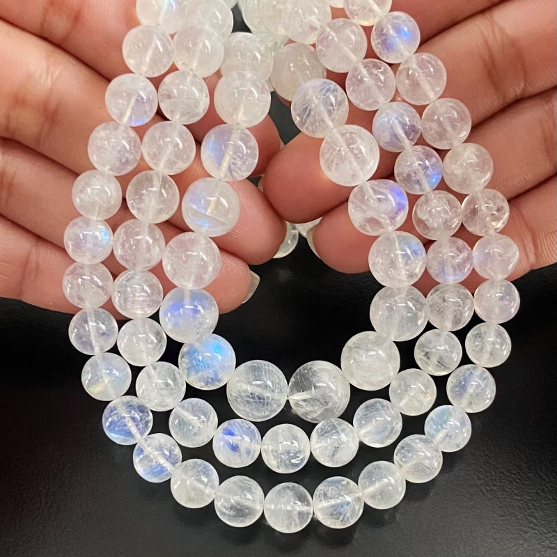 Rainbow Moonstone 7.5-11mm Smooth Round Shape AA Grade Gemstone Beads Lot - Total 3 Strands of 16 Inch.
