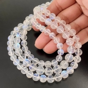 Rainbow Moonstone 6.5-9.5mm Smooth Round Shape AA+ Grade Gemstone Beads Lot - Total 3 Strands of 16 Inch.