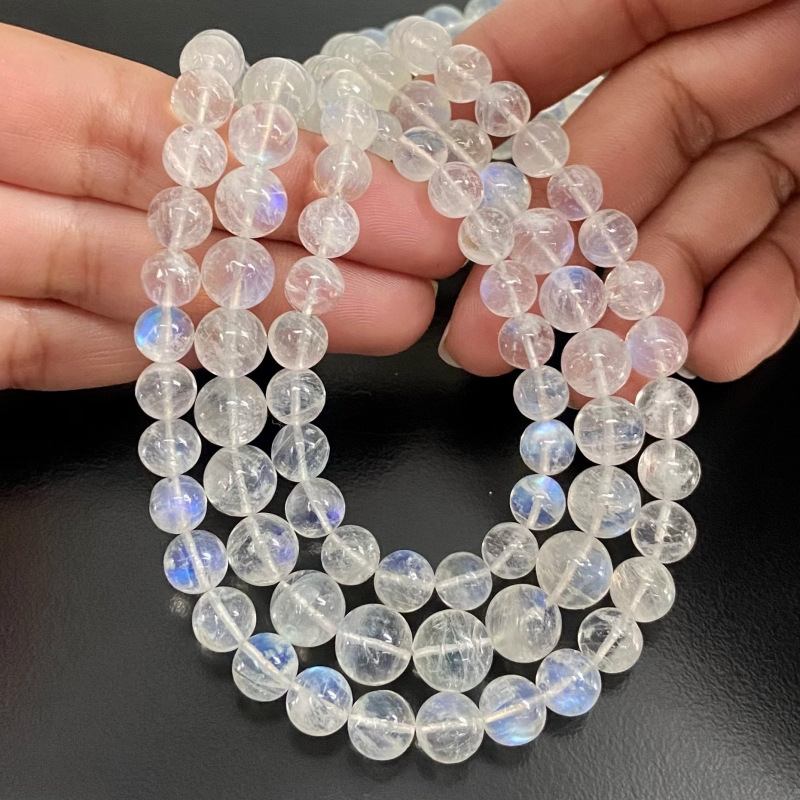 Rainbow Moonstone 6.5-9.5mm Smooth Round Shape AA+ Grade Gemstone Beads Lot - Total 3 Strands of 16 Inch.
