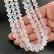Rainbow Moonstone 6.5-9.5mm Smooth Round Shape AA+ Grade Gemstone Beads Lot - Total 3 Strands of 16 Inch.