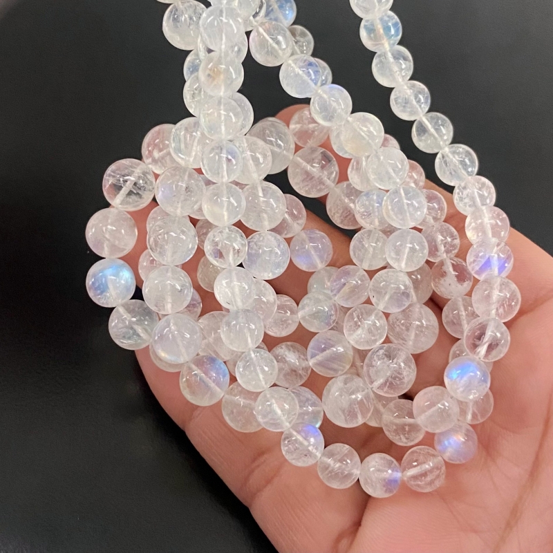 Rainbow Moonstone 6.5-9.5mm Smooth Round Shape AA+ Grade Gemstone Beads Lot - Total 3 Strands of 16 Inch.