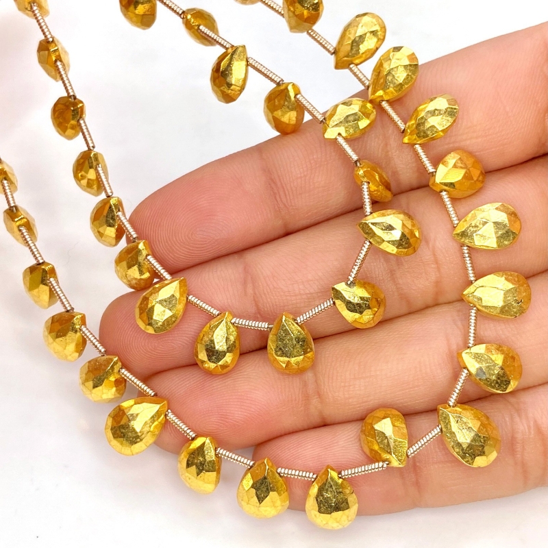Pyrite 8-10mm Briolette Pear Shape AAA Grade Gemstone Beads Lot - Total 7 Strands of 8 Inch.