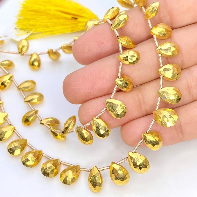 Pyrite 8-10mm Briolette Pear Shape AAA Grade Gemstone Beads Lot - Total 7 Strands of 8 Inch.