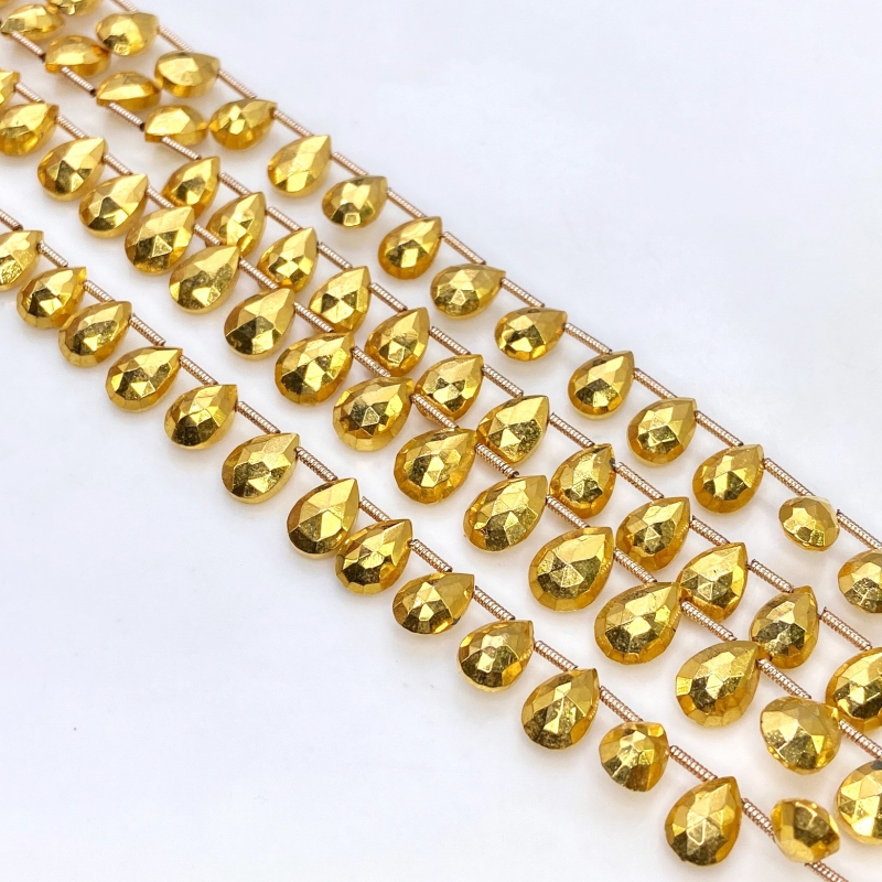 Pyrite 8-10mm Briolette Pear Shape AAA Grade Gemstone Beads Lot - Total 7 Strands of 8 Inch.