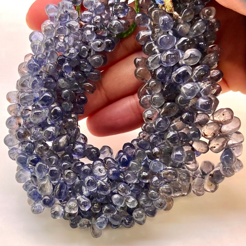 Iolite 5-10mm Smooth Drop Shape AA Grade Gemstone Beads Lot - Total 8 Strands of 8 Inch.