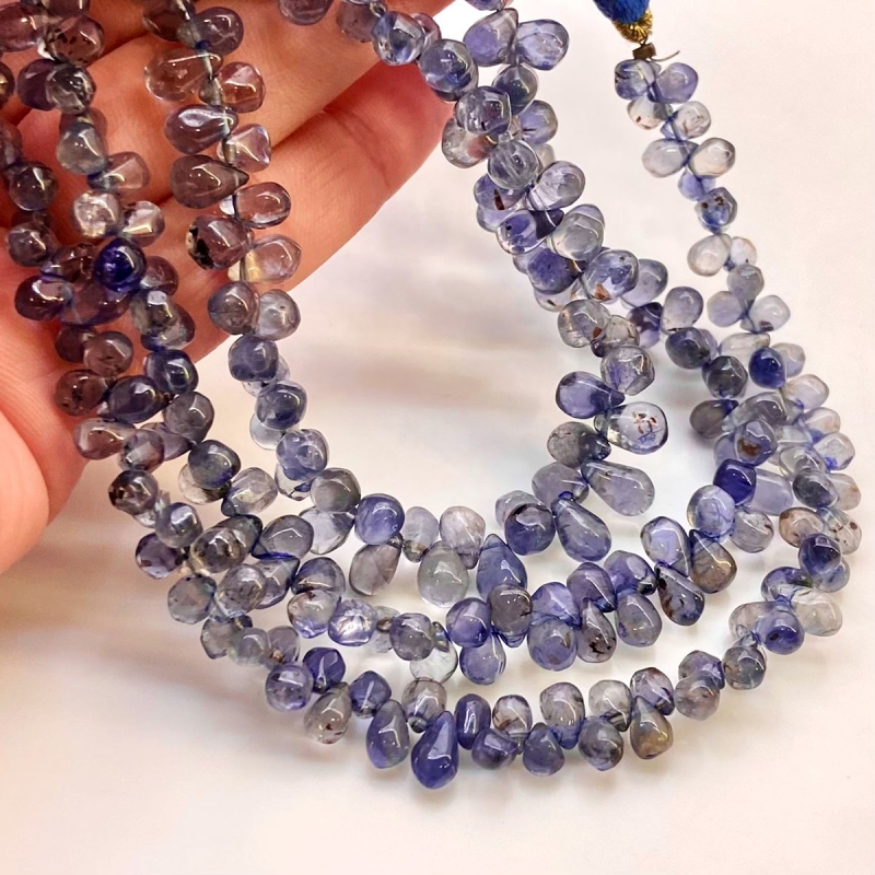 Iolite 5-10mm Smooth Drop Shape AA Grade Gemstone Beads Lot - Total 8 Strands of 8 Inch.