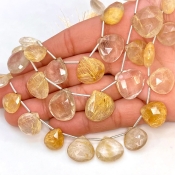 Golden Rutile 12-17mm Briolette Heart Shape AA Grade Gemstone Beads Lot - Total 3 Strands of 8 Inch.