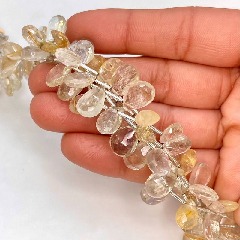 Golden Rutile 9-13mm Briolette Pear Shape AA Grade Gemstone Beads Lot - Total 5 Strands of 8 Inch.