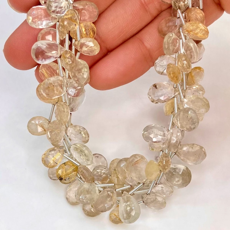 Golden Rutile 9-13mm Briolette Pear Shape AA Grade Gemstone Beads Lot - Total 5 Strands of 8 Inch.