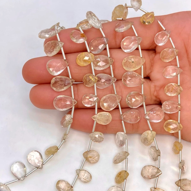 Golden Rutile 9-13mm Briolette Pear Shape AA Grade Gemstone Beads Lot - Total 5 Strands of 8 Inch.