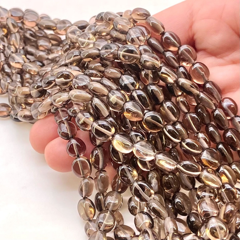 Smoky Quartz 7-9mm Smooth Oval Shape AA+ Grade Gemstone Beads Lot - Total 8 Strands of 15 Inch.