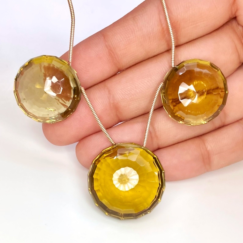  117.9 Carat Olive Quartz 21-24mm Briolette Round Shape AAA Grade Matched Gemstone Beads Set - Total 3 Pcs.