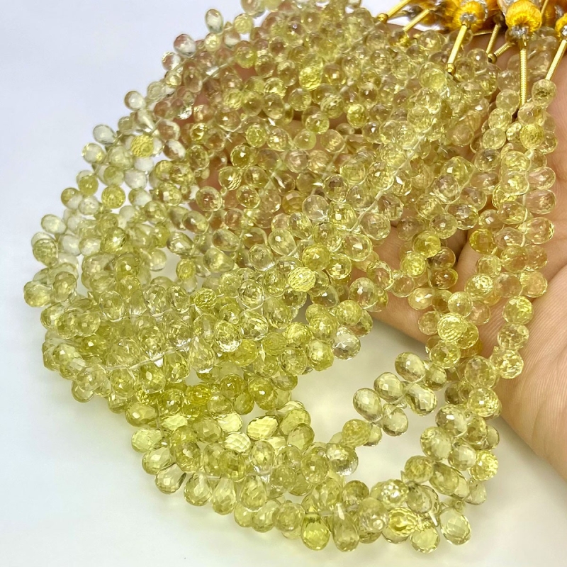 Lemon Quartz 6-6.5mm Briolette Drop Shape AAA Grade Gemstone Beads Strand - Total 1 Strand of 8 Inch.