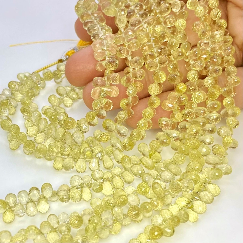 Lemon Quartz 6-6.5mm Briolette Drop Shape AAA Grade Gemstone Beads Strand - Total 1 Strand of 8 Inch.