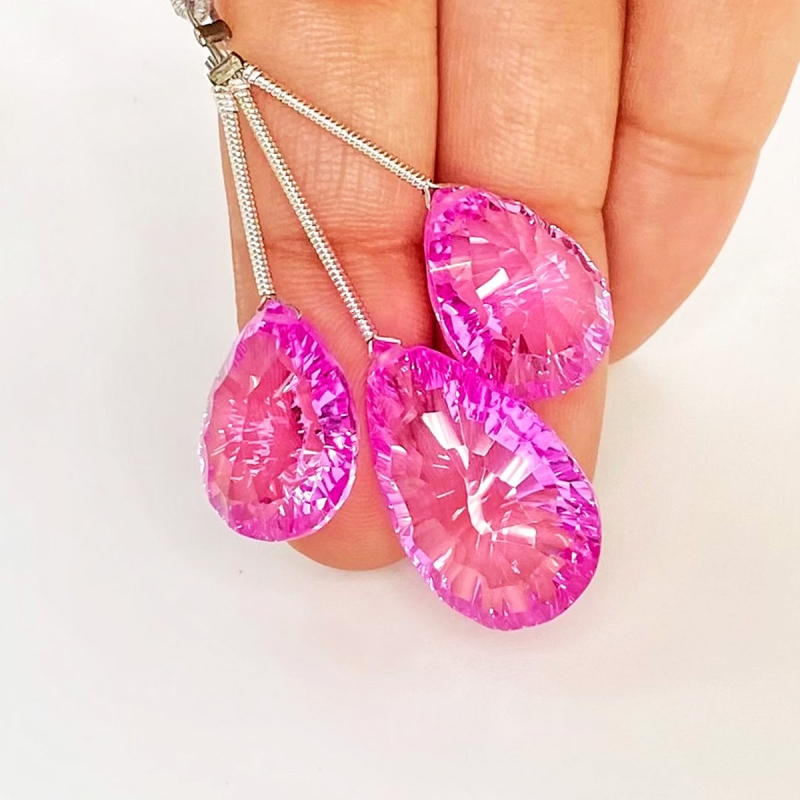  55.70 Cts. Lab Pink Sapphire 17-23mm Briolette Pear Shape AAA Grade Matched Gemstone Beads Set - Total 3 Pcs.