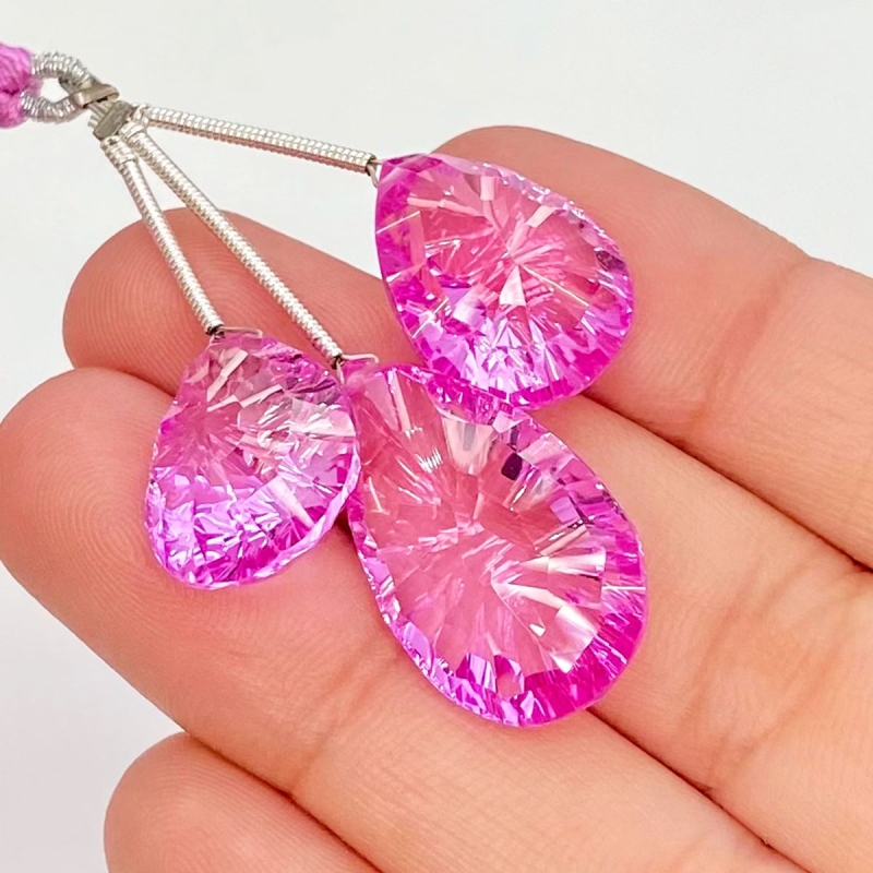  55.70 Cts. Lab Pink Sapphire 17-23mm Briolette Pear Shape AAA Grade Matched Gemstone Beads Set - Total 3 Pcs.