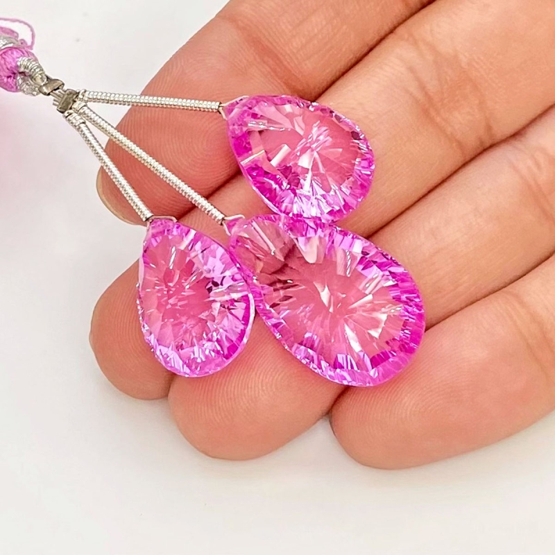  55.70 Cts. Lab Pink Sapphire 17-23mm Briolette Pear Shape AAA Grade Matched Gemstone Beads Set - Total 3 Pcs.