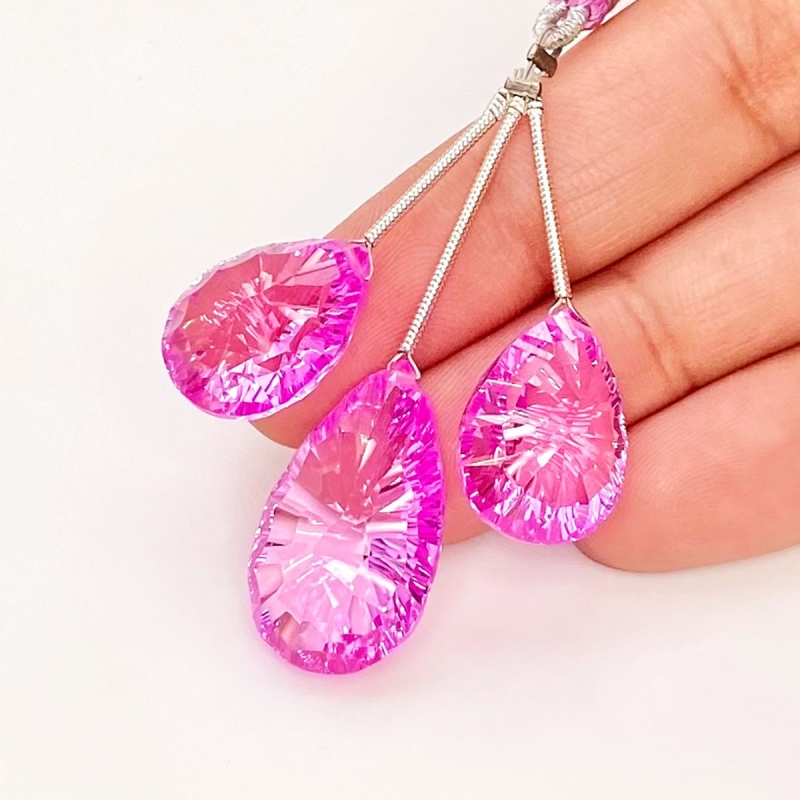  55.70 Cts. Lab Pink Sapphire 17-23mm Briolette Pear Shape AAA Grade Matched Gemstone Beads Set - Total 3 Pcs.