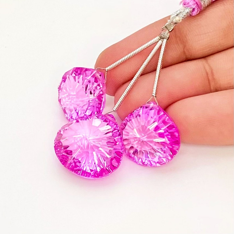 69 Carat Lab Pink Sapphire 16-17.5mm  Heart Shape AAA Grade Matched Gemstone Beads Set - Total 3 Pcs.