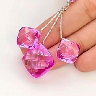 51.70 Cts. Lab Pink Sapphire 12-16mm Briolette Cushion Shape AAA Grade Matched Gemstone Beads Set - Total 3 Pcs.