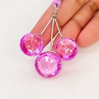  60.50 Cts. Lab Pink Sapphire 14-17mm Briolette Round Shape AAA Grade Matched Gemstone Beads Set - Total 3 Pcs.