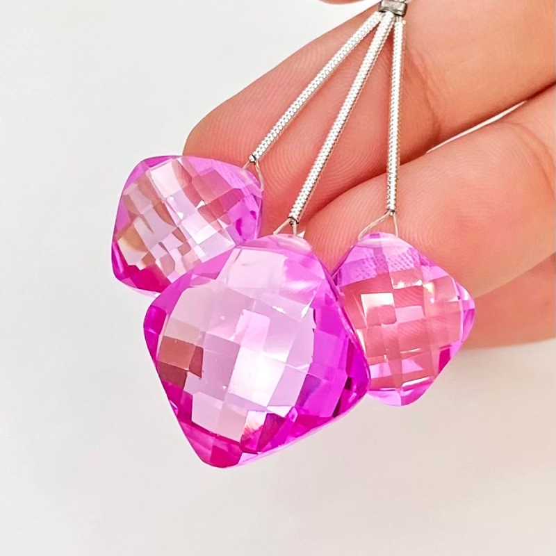  57.70 Carat Lab Pink Sapphire 13-17mm  Square Cushion Shape AAA Grade Matched Gemstone Beads Set - Total 3 Pcs.