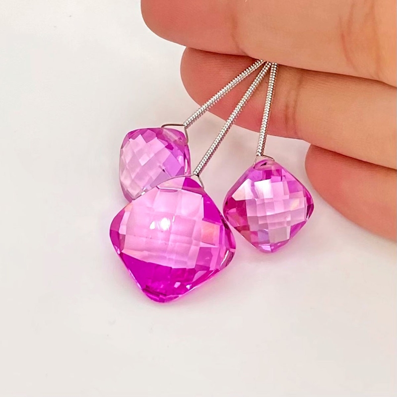 50.30 Carat Lab Pink Sapphire 12.5-16.5mm  Square Cushion Shape AAA Grade Matched Gemstone Beads Set - Total 3 Pcs.