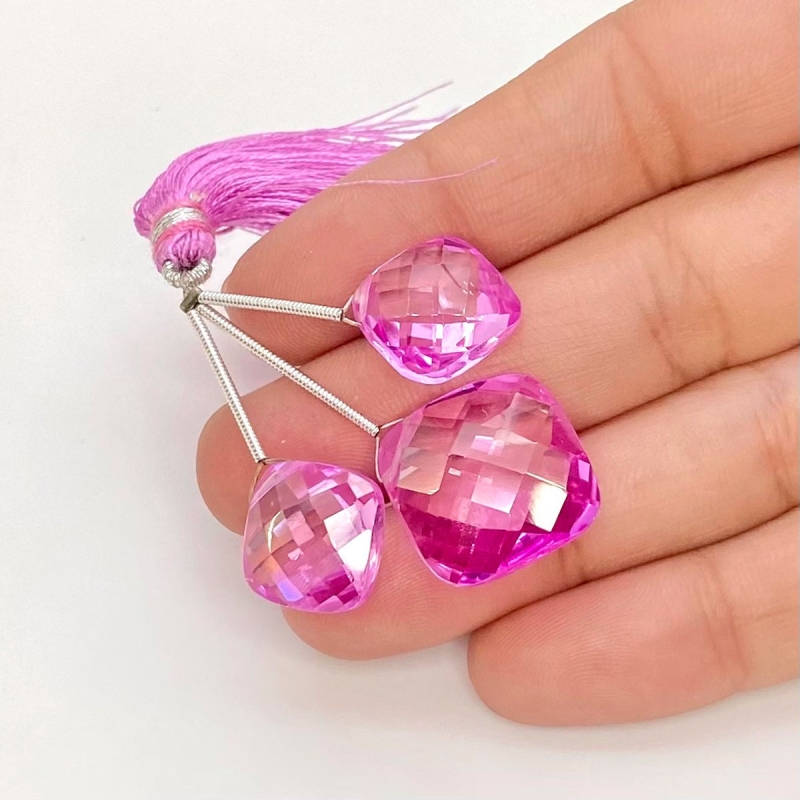  50.30 Carat Lab Pink Sapphire 12.5-16.5mm  Square Cushion Shape AAA Grade Matched Gemstone Beads Set - Total 3 Pcs.