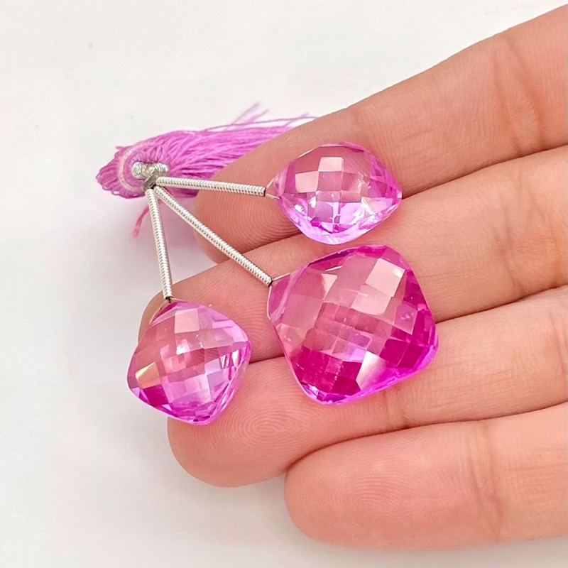  50.30 Carat Lab Pink Sapphire 12.5-16.5mm  Square Cushion Shape AAA Grade Matched Gemstone Beads Set - Total 3 Pcs.