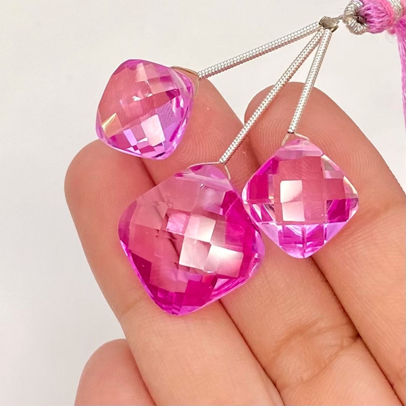  50.30 Carat Lab Pink Sapphire 12.5-16.5mm  Square Cushion Shape AAA Grade Matched Gemstone Beads Set - Total 3 Pcs.