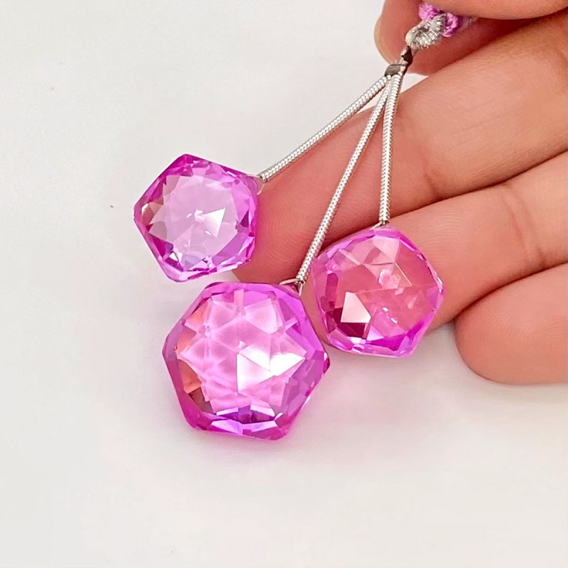  54.60 Carat Lab Pink Sapphire 14-18mm  Pentagon Shape AAA Grade Matched Gemstone Beads Set - Total 3 Pcs.