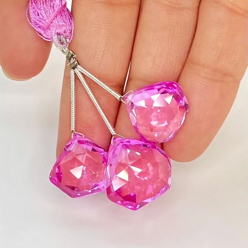  52 Carat Lab Pink Sapphire 14-16mm  Pentagon Shape AAA Grade Matched Gemstone Beads Set - Total 3 Pcs.