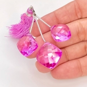  62.20 Carat Lab Pink Sapphire 13.5-16.5mm  Square Cushion Shape AAA Grade Matched Gemstone Beads Set - Total 3 Pcs.