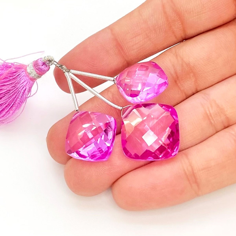  62.20 Carat Lab Pink Sapphire 13.5-16.5mm  Square Cushion Shape AAA Grade Matched Gemstone Beads Set - Total 3 Pcs.
