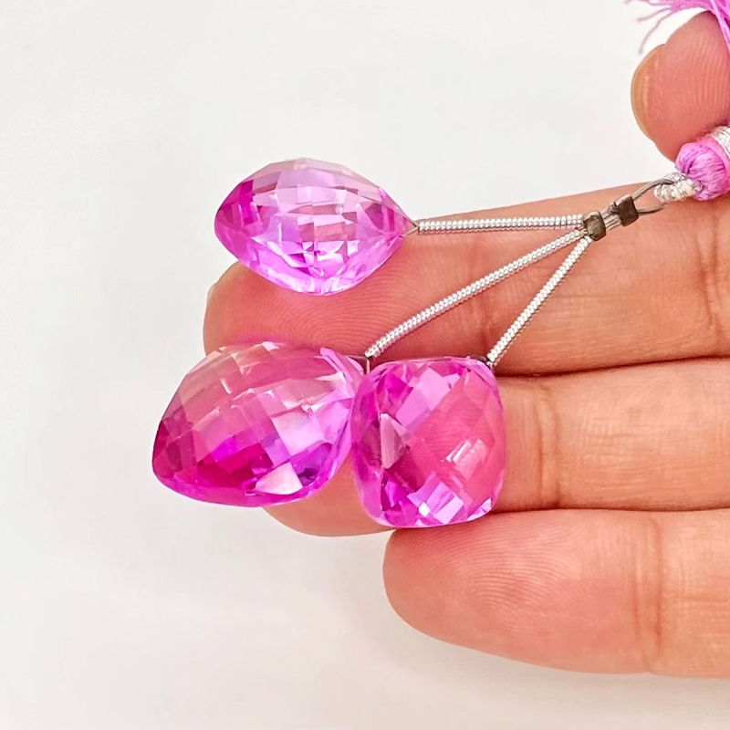  62.20 Carat Lab Pink Sapphire 13.5-16.5mm  Square Cushion Shape AAA Grade Matched Gemstone Beads Set - Total 3 Pcs.